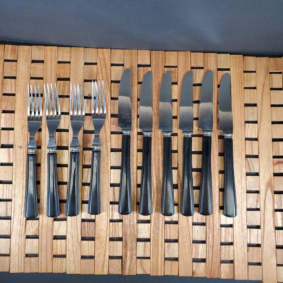 Vintage Bakelite-Handled Flatware Set – Elegant MCM Stainless Steel Black Handle - Picture 8 of 14